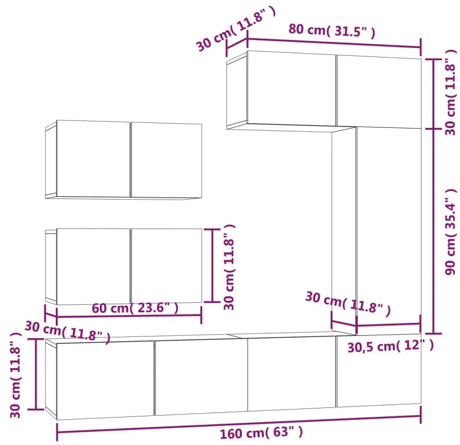 Conjunto móveis de TV 6 pcs madeira processada branco