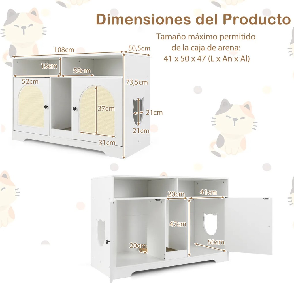 Móvel para caixa de areia (NÃO INCLUIDA) para gatos com espaço para guardar o arranhador e 2 tapetes de sisal Branco