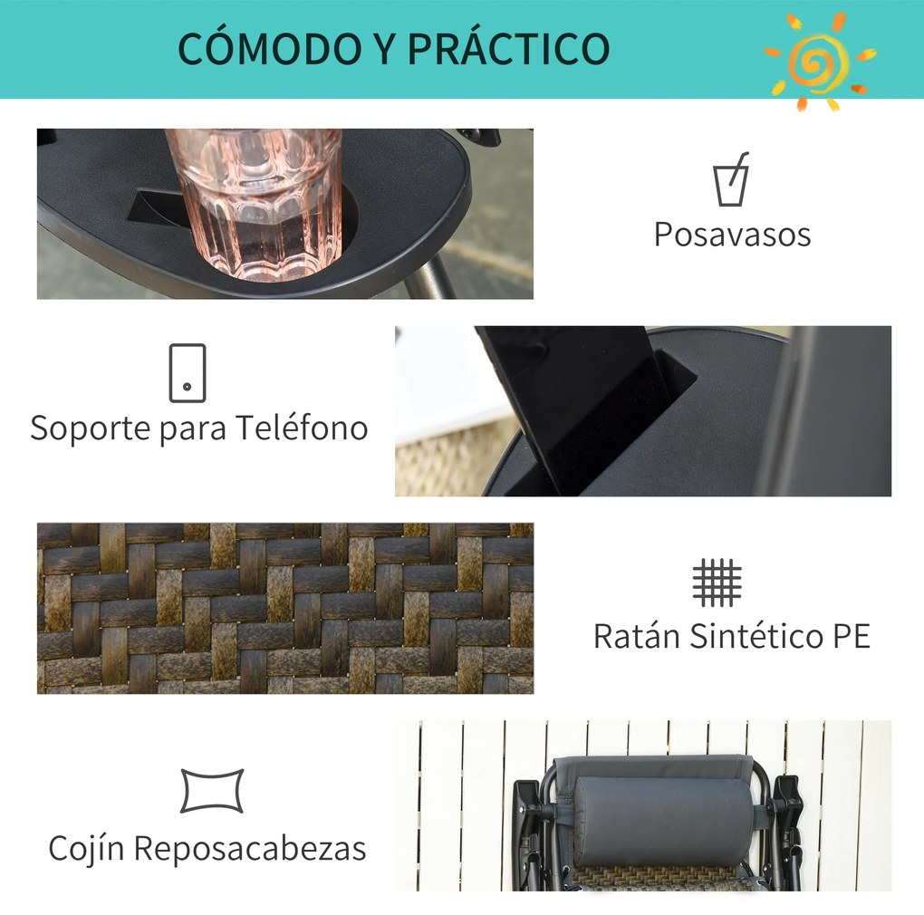 Outsunny Espreguiçadeira dobrável de vime com encosto ajustável Apoio de cabeça removível Suporte para copos e telefone Jardim Terraço 65x70x110 cm Cinza