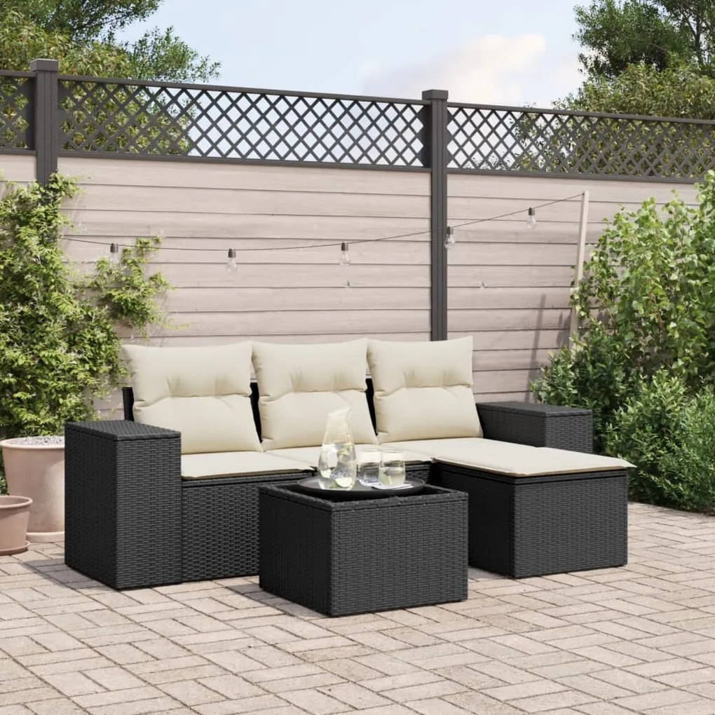 5 pcs conjunto sofás de jardim com almofadões vime PE preto