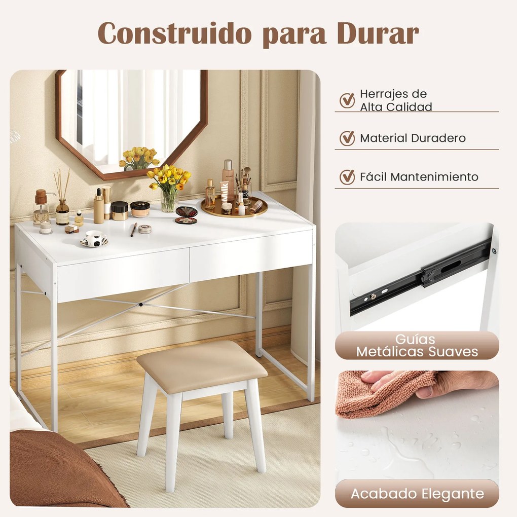 Secretária para computador 111 x 48 x 76 cm com 2 gavetas e estrutura metálica resistente para quarto, escritório, casa ou sala de jogos - Branca