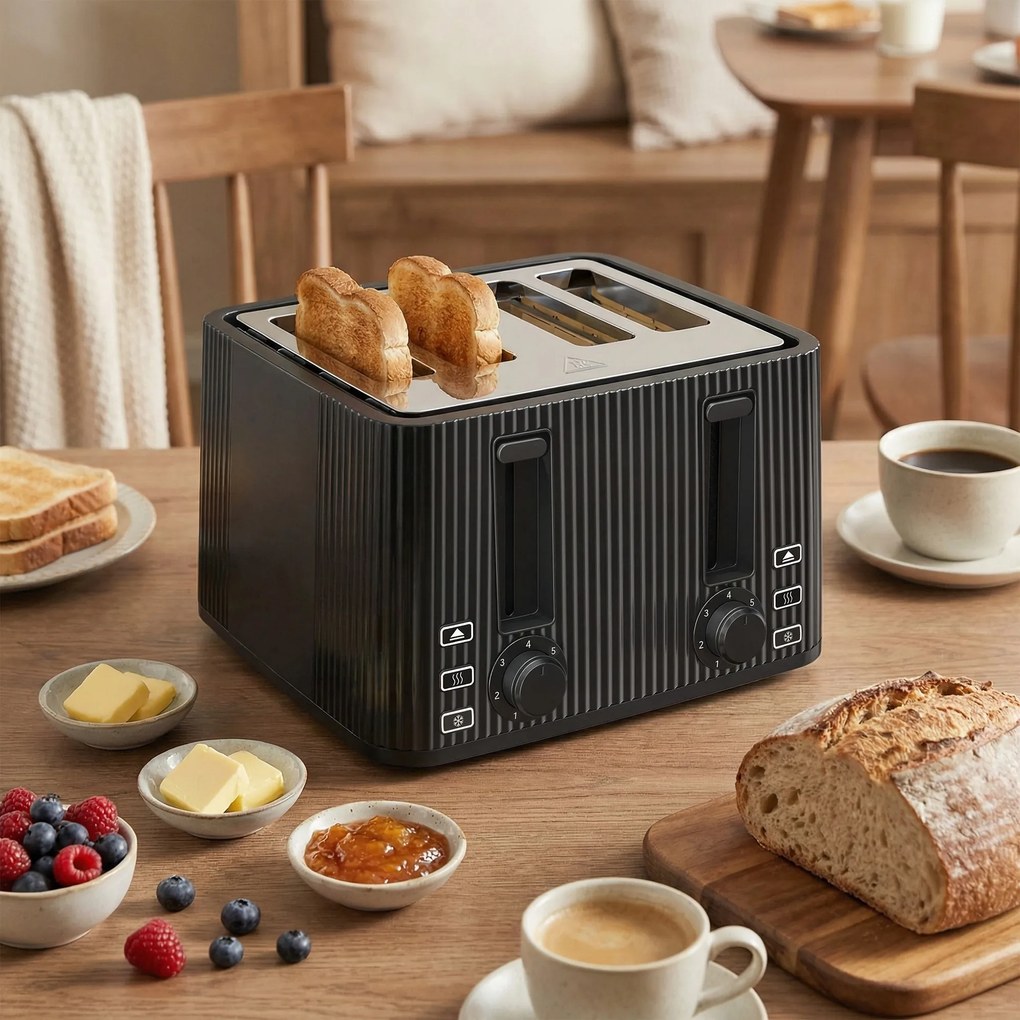 Torradeira de 4 Ranhuras Largas 7 Níveis de Torragem Função Descongelar Aquecer e Cancelar Bandeja Removível Preto