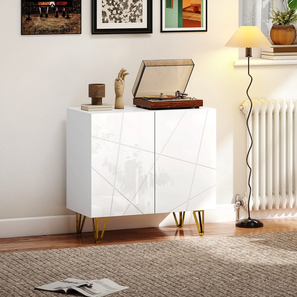 Aparador para Sala Aparador de Entrada com 2 Portas e Prateleiras Ajustáveis para Cozinha Sala 80x40x75 Branco Brilhante