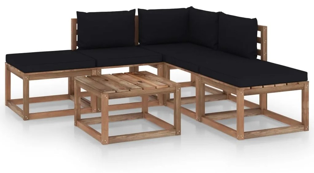 6 pcs conjunto lounge para jardim com almofadões pretos