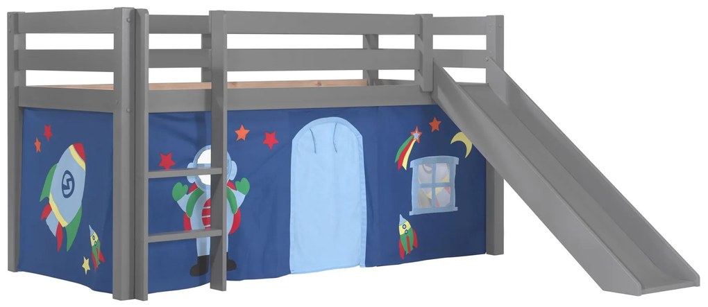 Conjunto Cama alta de Criança PINO 90 x 200 cm + estrado + escada + escorrega + cortina Astronauta Cinzenta