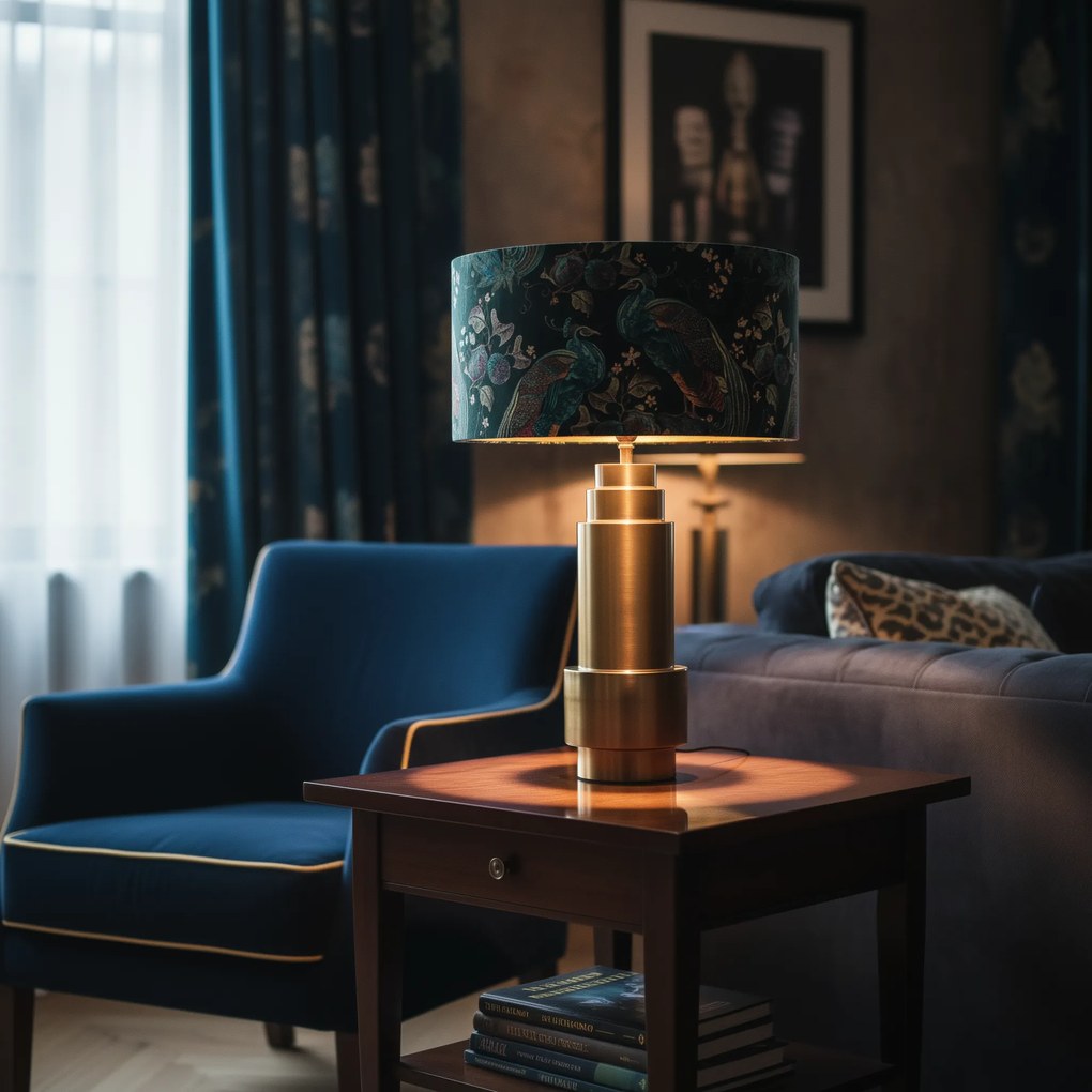 Candeeiro de mesa cor de pena de pavão com abajur de veludo bronze e dourado 50 cm - Bruut