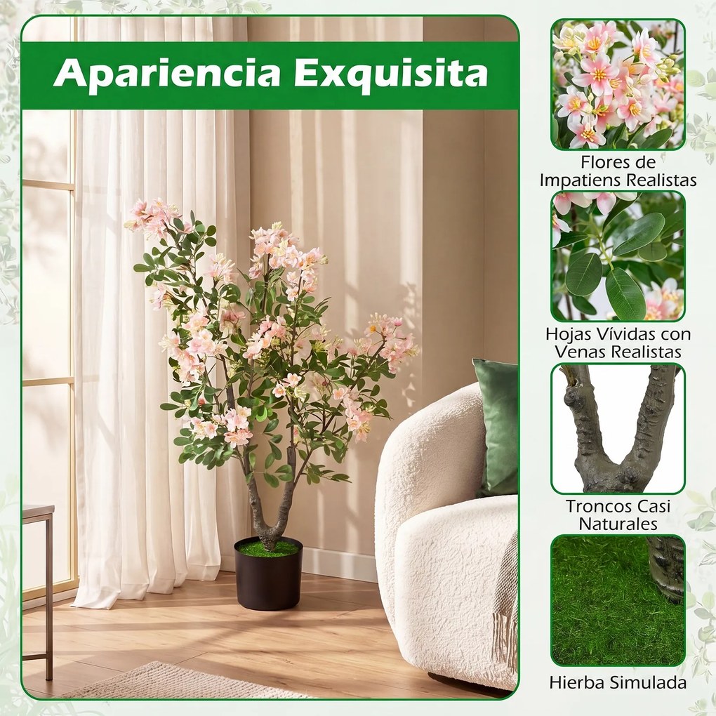 Conjunto de 2 Árvores de Flores Artificiais, 15 x 13 x 90 cm, Vaso de Cimento, Rosa