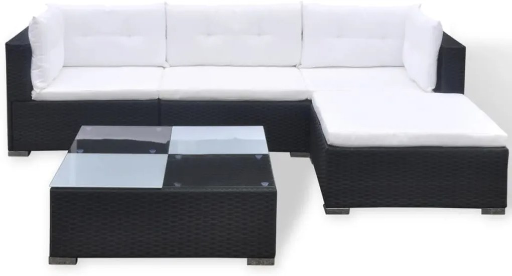 5 pcs conjunto lounge de jardim c/ almofadões vime PE preto