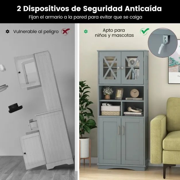 Armário multifuncional de casa de banho ou cozinha 60 x 30 x 145 cm com portas e 3 cubos e com estantes ajustáveis Cinzento