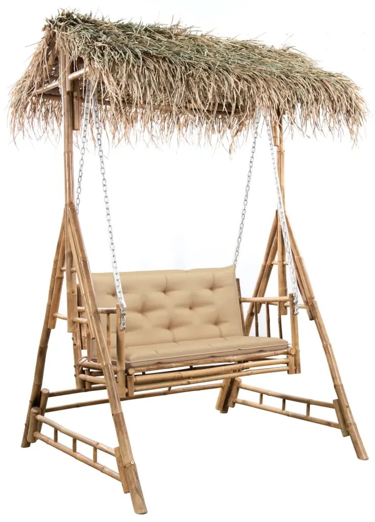 Banco baloiço 2 lug. bambu c/ folhas palmeira e almofadão 202cm