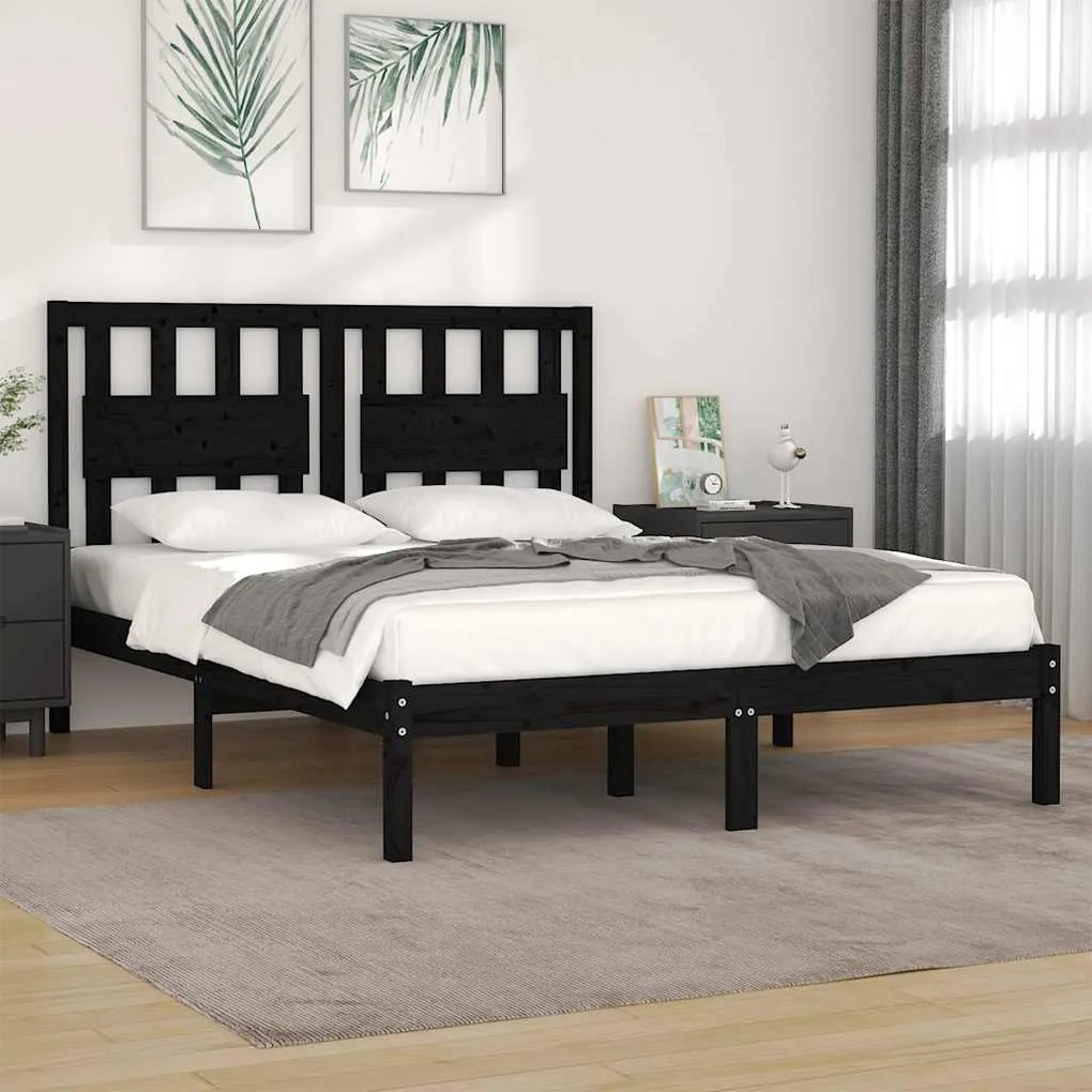 vidaXL Estrutura de cama king 150x200 cm pinho maciço preto