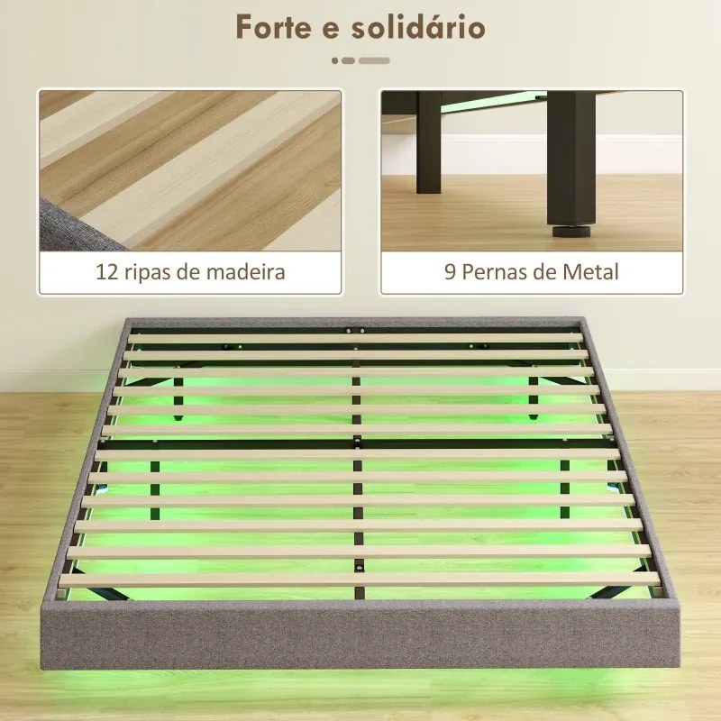 Cama 160x200 cm (COLCHÃO NÃO INCLUIDO) com Luzes LED Estofada em Linho Ripas de Madeira Silenciosa Fácil de Montar Cinzento