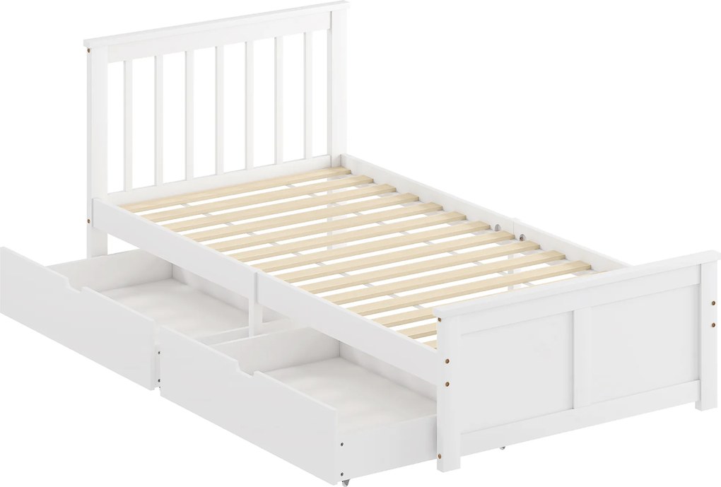 HOMCOM Estrutura de Cama 90x190cm em Madeira Maciça, 2 Gavetas com Rodízios, Cabeceira, Pé de Cama, Estrado de Ripas, Branco | Aosom Portugal