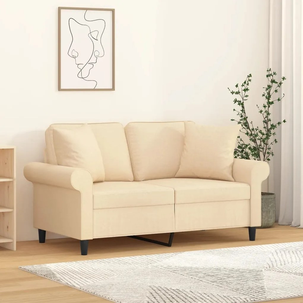 3153235 vidaXL Sofá 2 lugares c/ almofadas e almofadões 120cm tecido cor creme