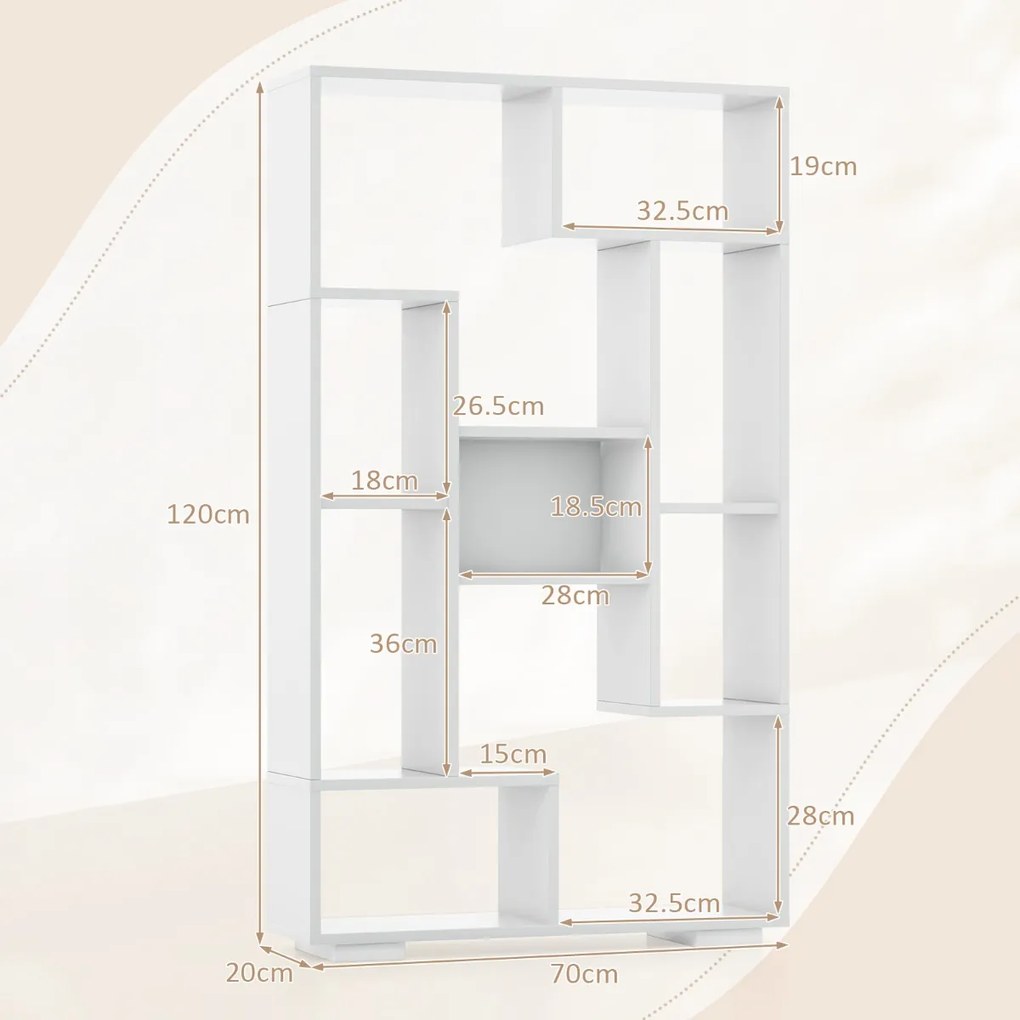 Estante geométrica moderna em madeira com prateleiras abertas Kits anti-derrapantes para sala de estar escritório casa 70 x 20 x 120 cm Branca