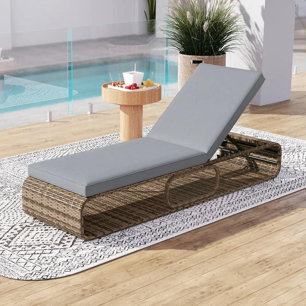 Espreguiçadeira de Jardim com encosto ajustável 185 x 65 x 26-86 cm, almofada e espaço de arrumação para piscina, pátio e jardim Cor do rattan PE: Cas