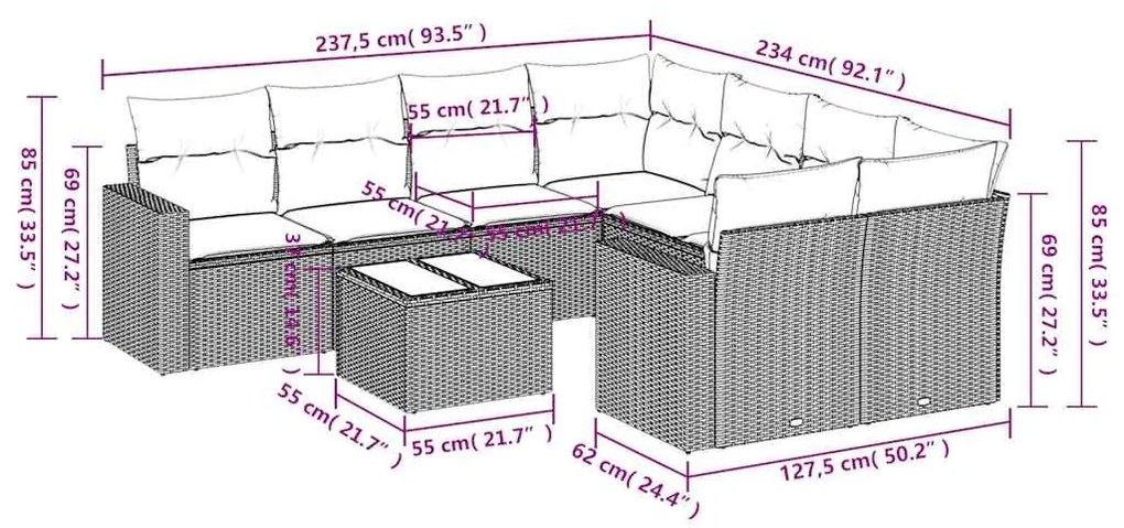 9 pcs conjunto sofás p/ jardim c/ almofadões vime PE castanho