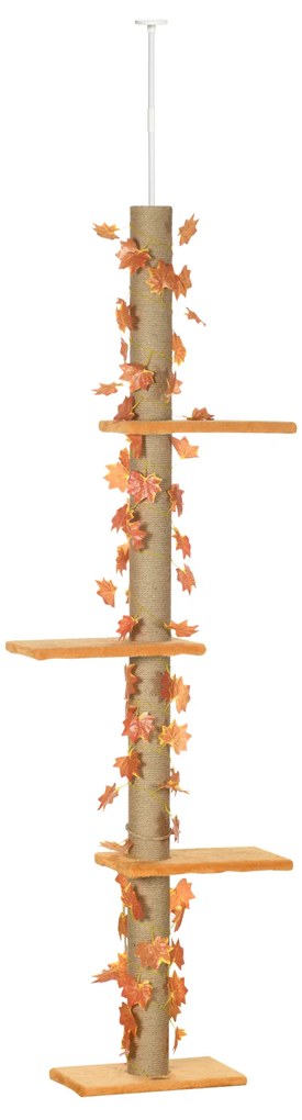 PawHut Árvore Gatos Chão ao Teto Altura Ajustável Torre Arranhador 3 Plataformas Estabilidade Segurança 37x21x202-242 cm Laranja | Aosom Portugal