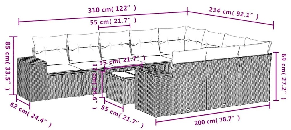 11 pcs conjunto sofás de jardim c/ almofadões vime PE cinzento