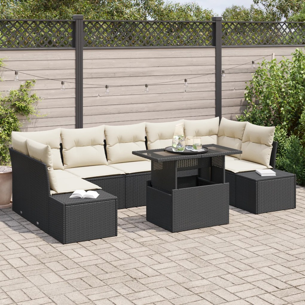 Conjunto de Sofás de Jardim com 8 Peças e Almofadas em Rattan Preto