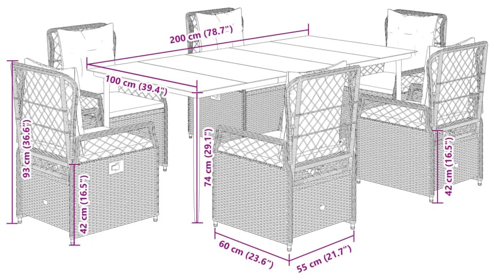 7 pcs conjunto de jantar p/ jardim com almofadões vime PE bege