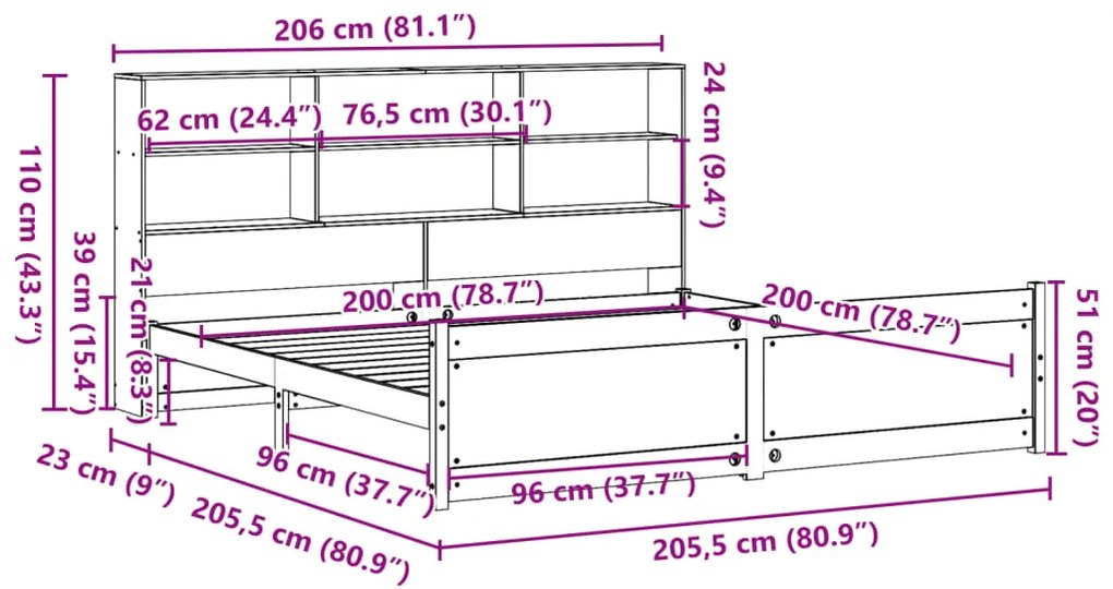 Cama com estante sem colchão 200x200 cm pinho maciço