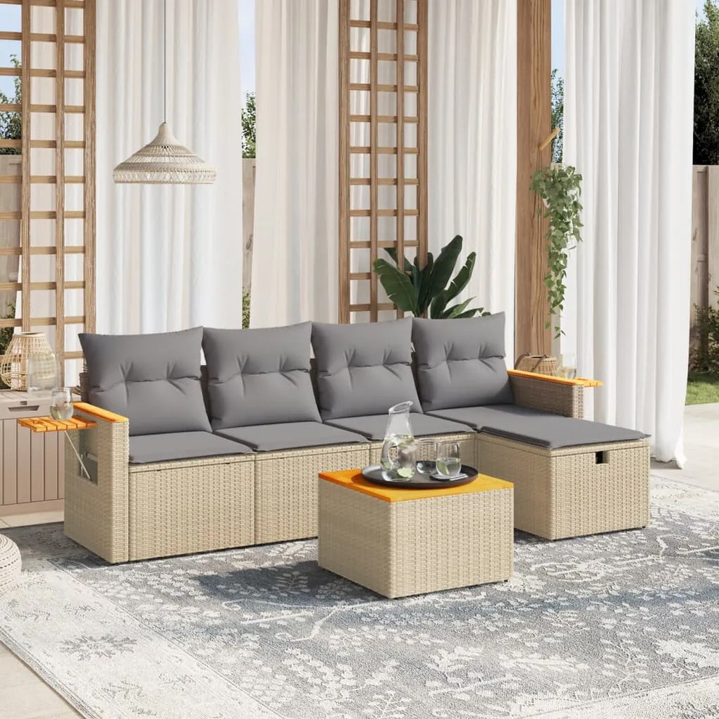 6 pcs conj. sofás jardim c/ almofadões vime PE bege misturado