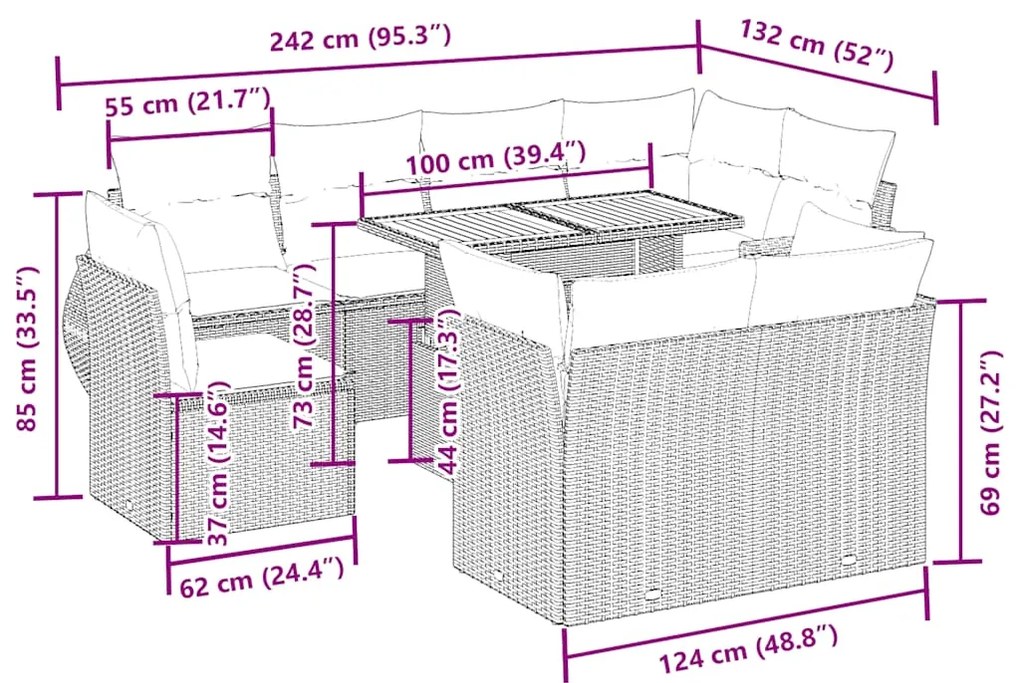 9 pcs conjunto de sofás p/ jardim com almofadões vime PE bege