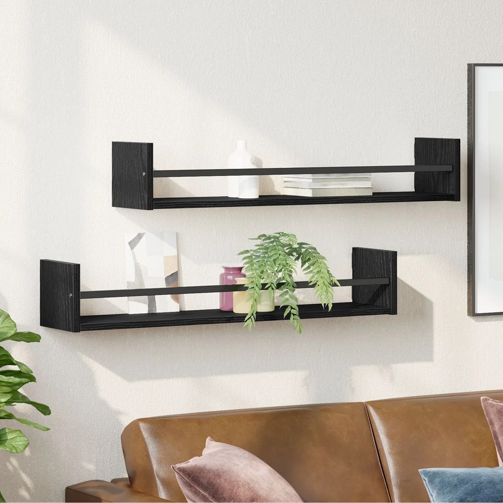 Prateleiras de parede 2 pcs Preto Carvalho 80x16x14 cm Madeira de enge