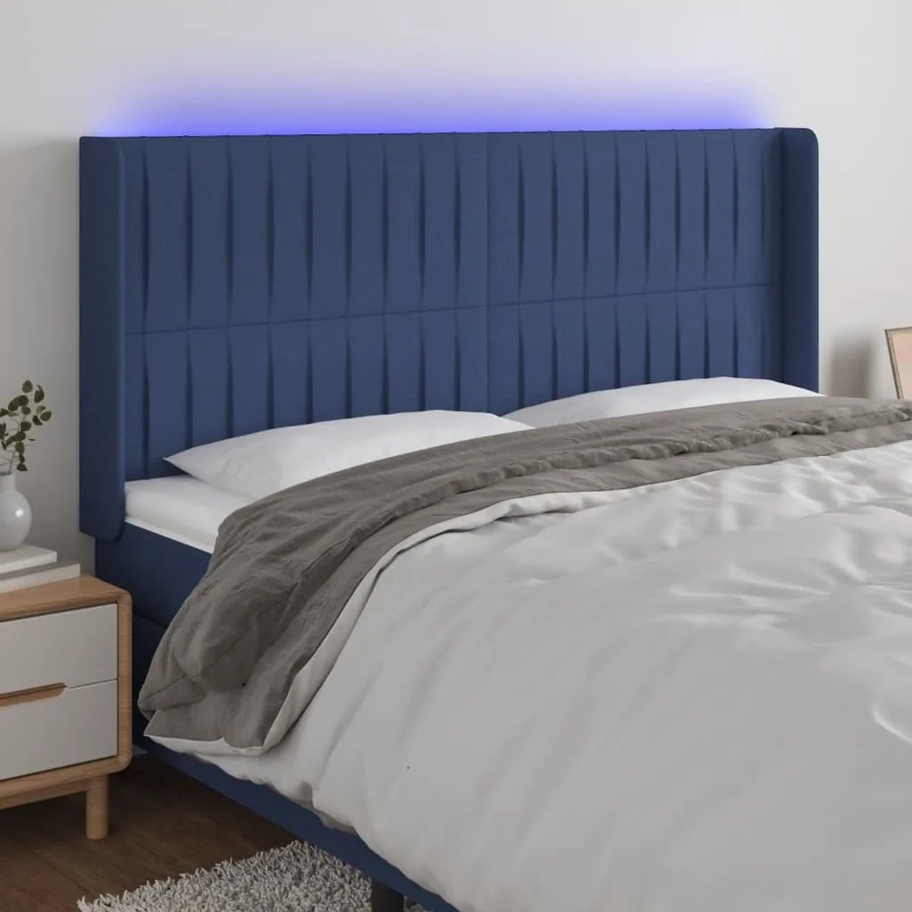 Cabeceira de cama c/ luzes LED tecido 163x16x118/128 cm azul