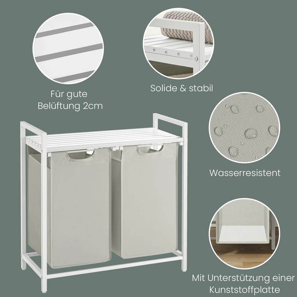 Cesto para roupa suja com 2 compartimentos e uma prateleira 73 x 33 x 72 cm branco