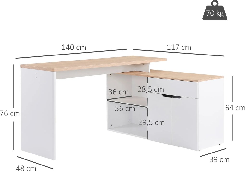 Secretária multimédia modular com vários compartimentos abertos, duplo nicho + gaveta e armário em madeira