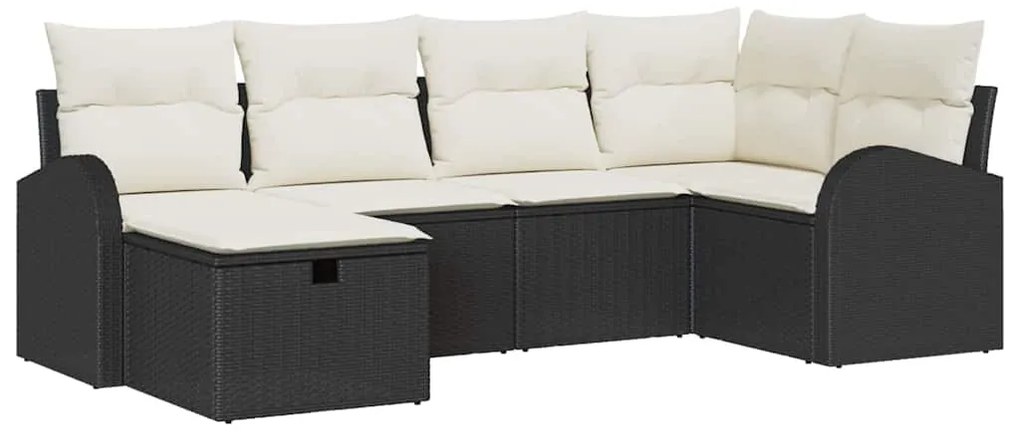 Conjunto de Sofá de Jardim 6 Peças com Almofadas Preto Rattan Poliéste