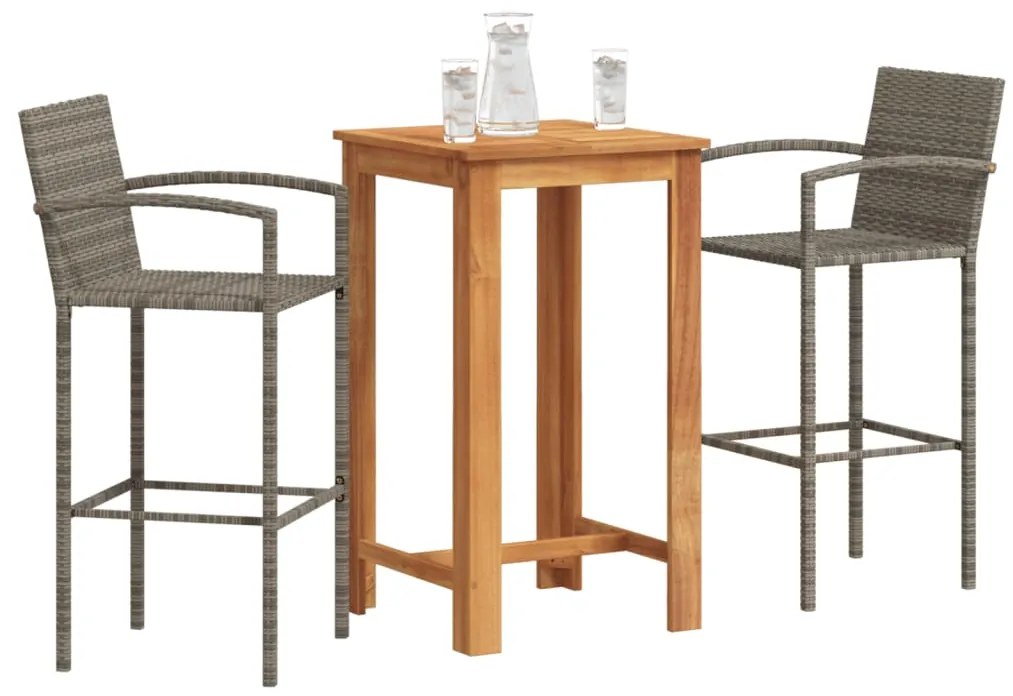 3 pcs conjunto de bar p/ jardim acácia maciça/vime PE cinzento