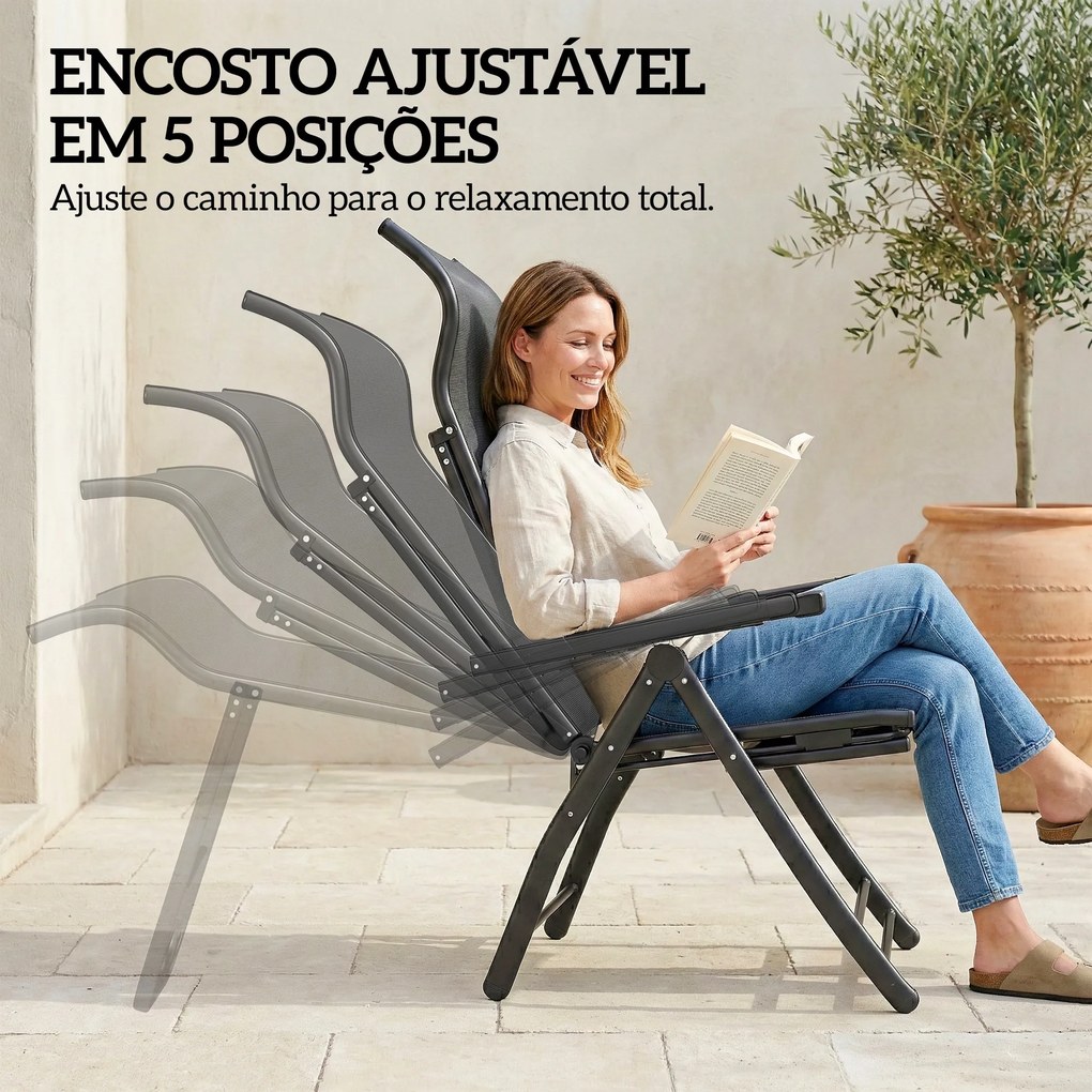 Conjunto de 2 Cadeiras Dobráveis Reclináveis de Jardim Exterior com Encosto Alto Ajustável em 5 Posições Apoio para Pés Cinza Escuro
