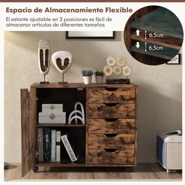 Armário de arquivo escritório com 5 gavetas com 4 rodas giratórias com porta 78 x 39 x 65 cm Castanho