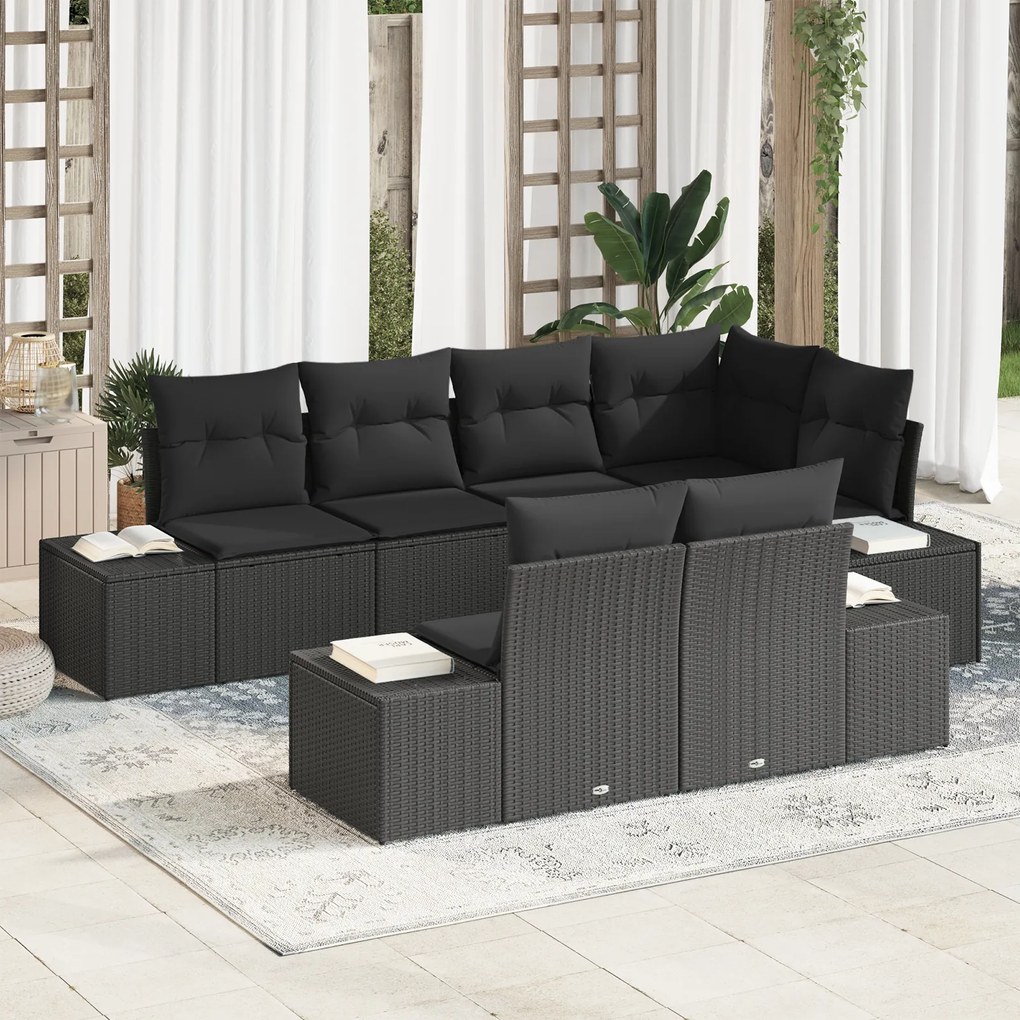 Conjunto de Sofá de Jardim de 7 Peças com Almofadas Preto Vime Poliést