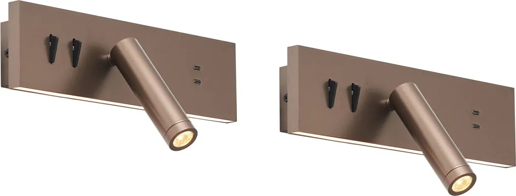 Conjunto de 2 candeeiros de parede modernos bronze escuro ajustáveis com USB-C incluindo LED - Modric