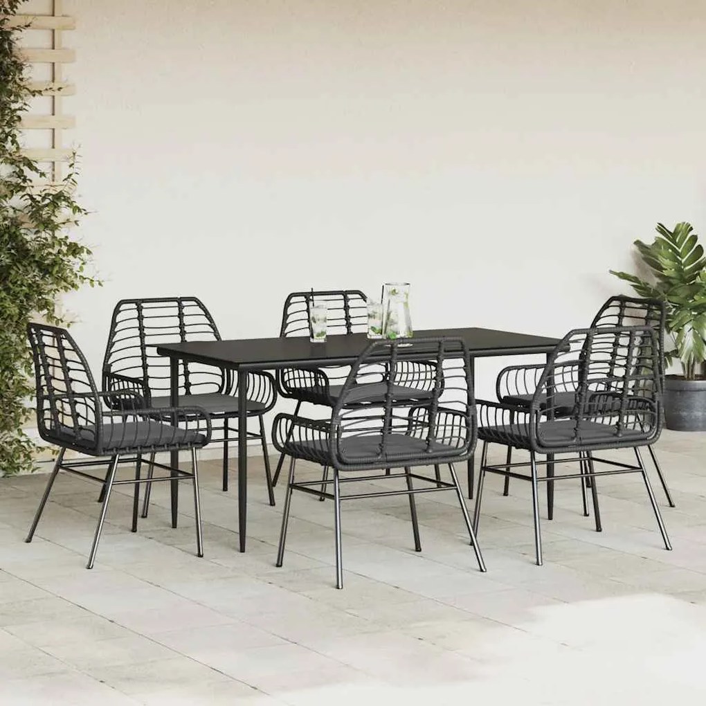 Conjunto de jantar jardim 7 peças almofadas vidro vime PE preto