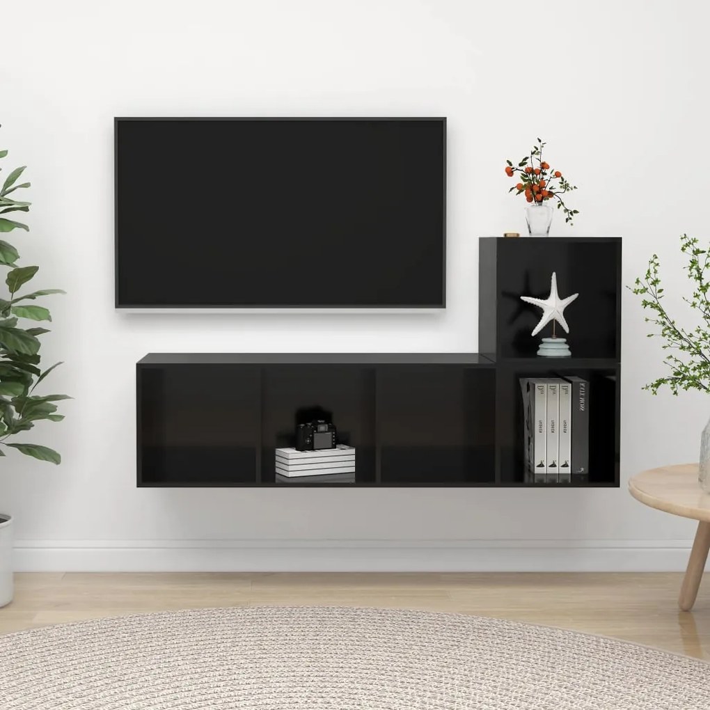 vidaXL 2 pcs conjunto de móveis de TV contraplacado preto brilhante