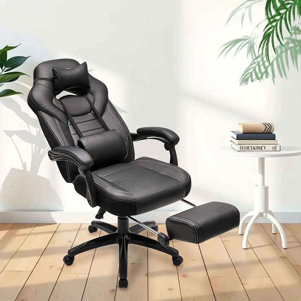Cadeira ergonómica gaming com apoio para os pés, para escritório 70 x 70 x (122-134) cm, almofadas ajustáveis para a cabeça e a região lombar Preta