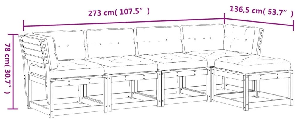 5 pcs conjunto de sofás de jardim com almofadões pinho maciço