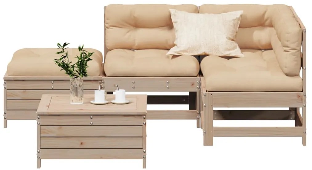 5 pcs conjunto lounge de jardim c/ almofadões pinho maciço