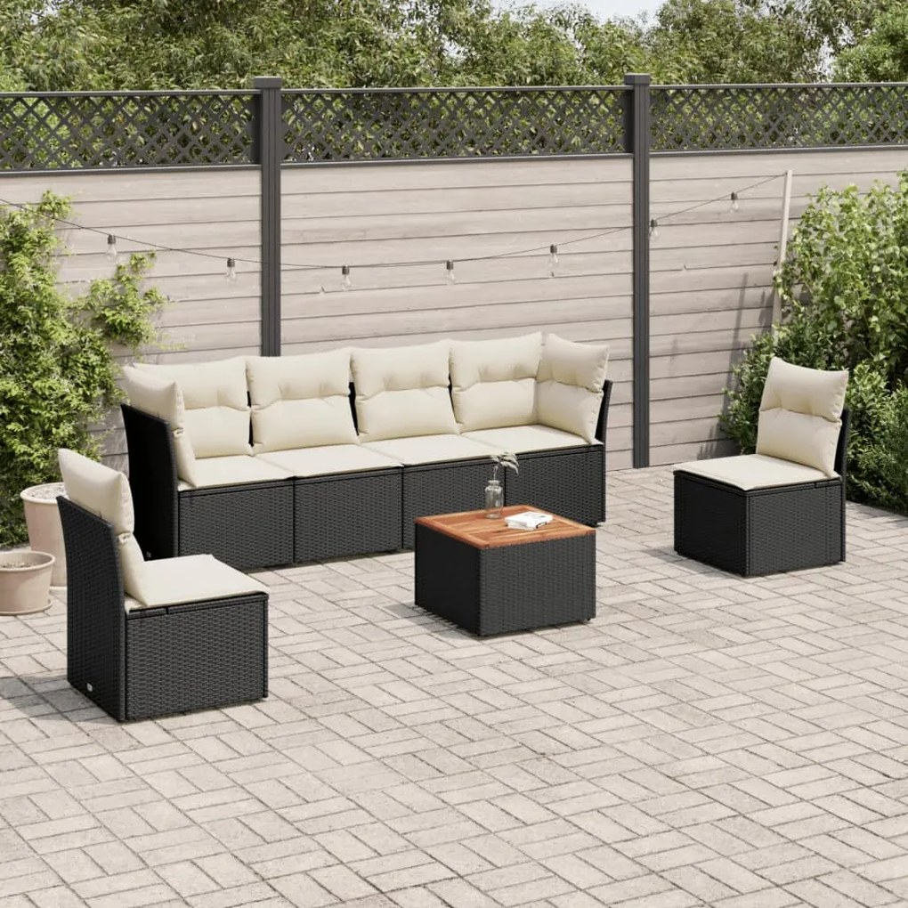 7 pcs conjunto de sofás p/ jardim c/ almofadões vime PE preto