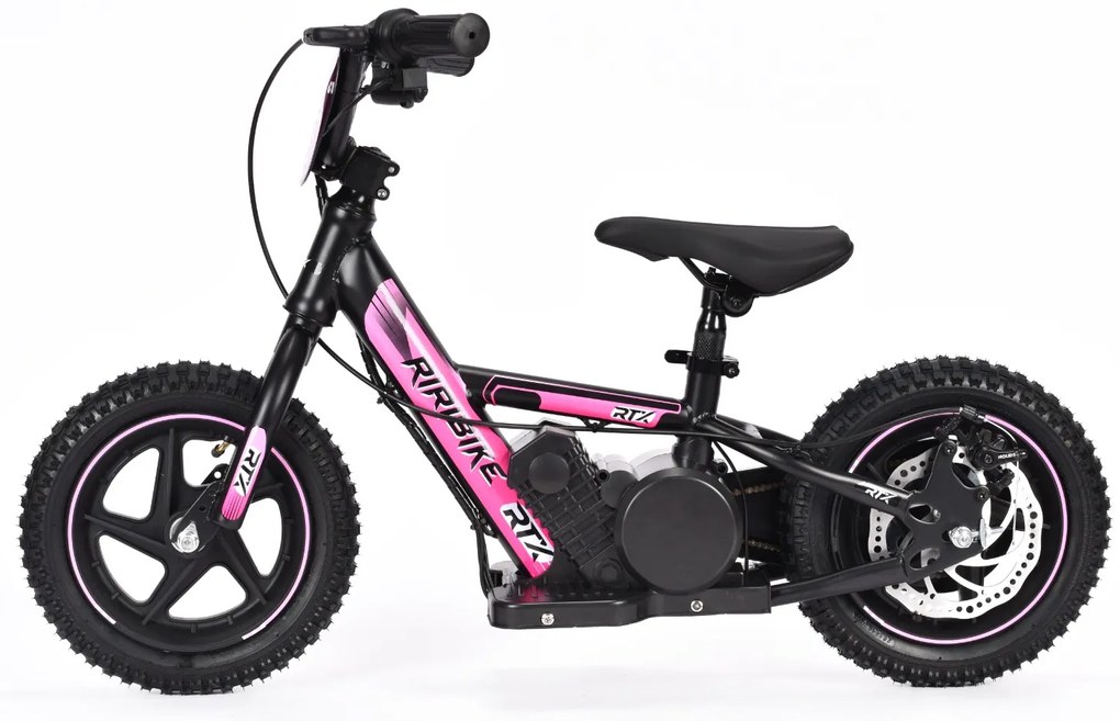 Bicicleta eléctrica para crianças RIRIBIKE RTX3 24V (12"), bateria de lítio, motor de 100W, travão de disco, assento ajustável em PU macio Rosa
