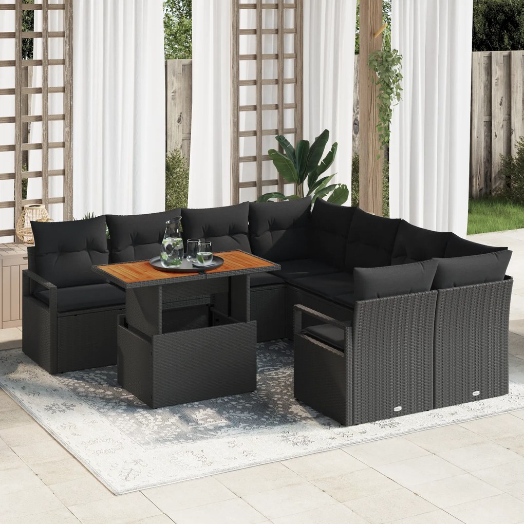 Conjunto de Sofá de Jardim de 9 Peças com Almofadas Preto de Vime Poli