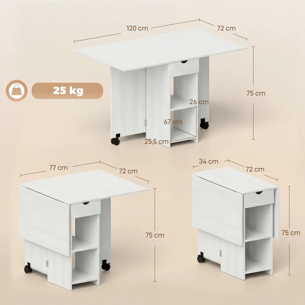 Mesa de Cozinha Dobrável com Rodas (CADEIRAS NÃO INCLUIDAS), Abas Rebatíveis, Gaveta e Prateleiras para 2-4 Pessoas 120x72x75 cm Branco