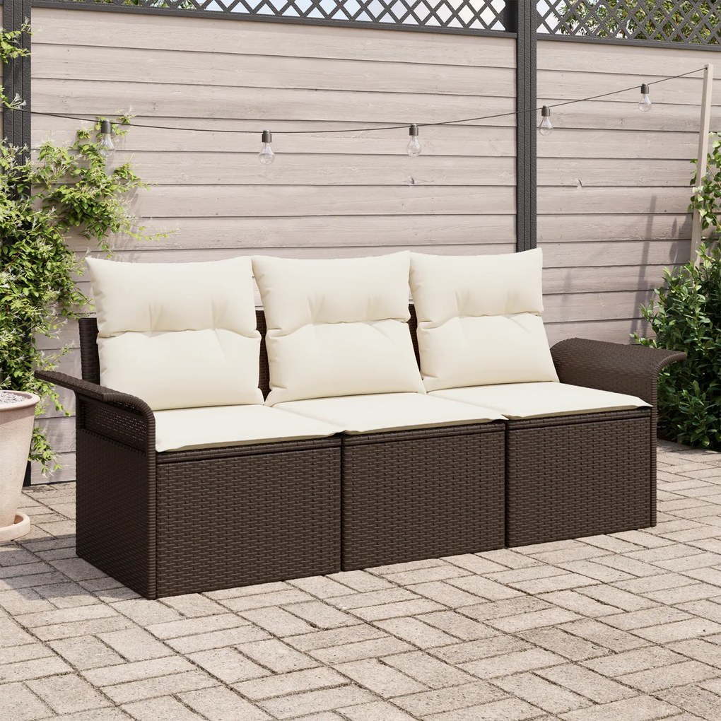 Conjunto de Sofá de Jardim vidaXL 3 Peças com Almofadas Castanho Polí