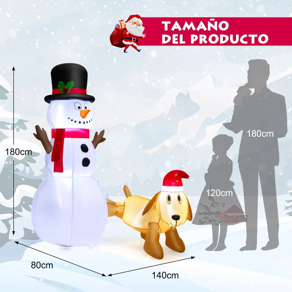 Decoração de Natal insuflável com boneco de neve e cão de 180 cm de altura com luzes LED incorporadas branca e amarela