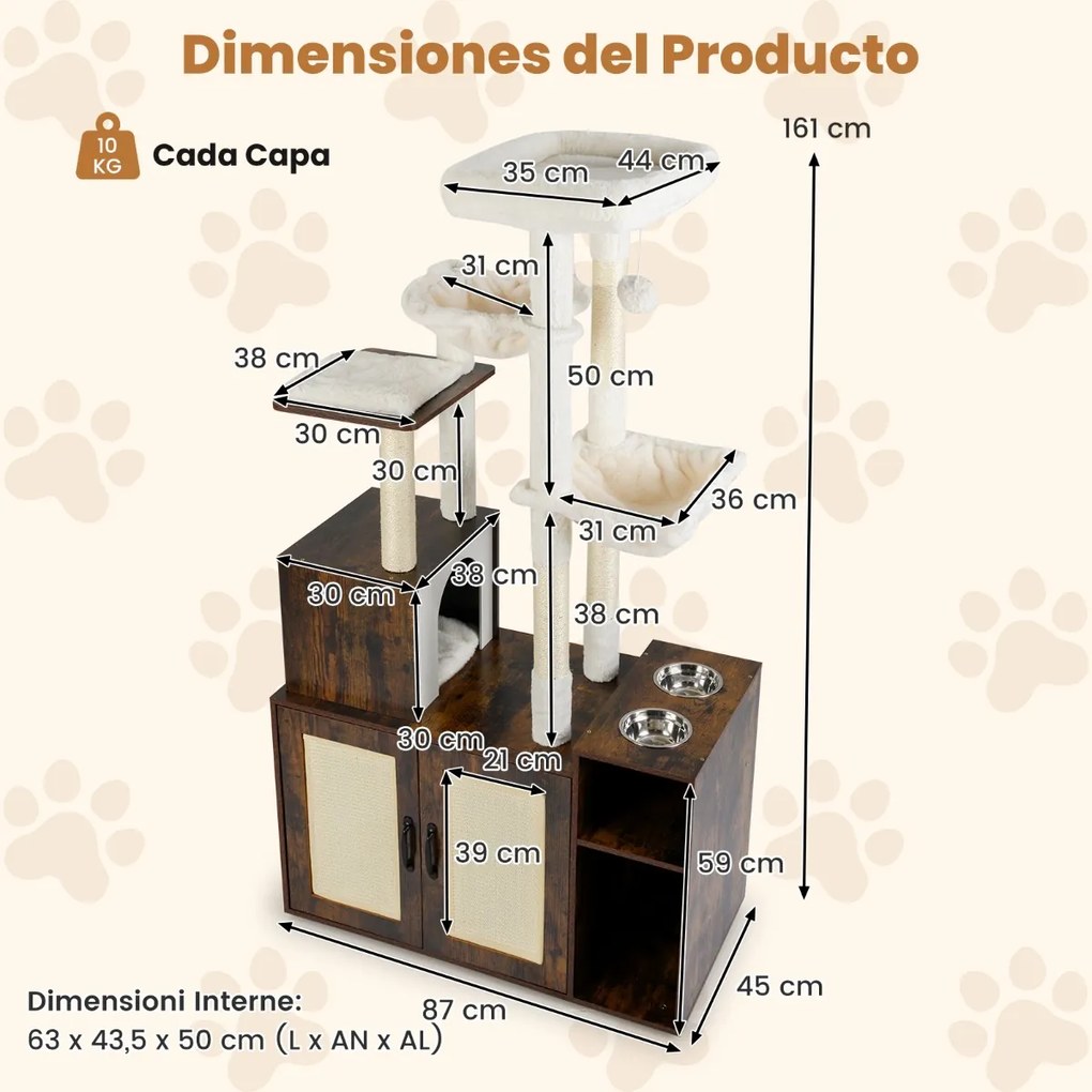 Arranhador para gatos 2 em 1 com movel para caixa de areia (CAIXA AREIA NÃO INCLUIDA) 87 x 45 x 161 cm, e estação de alimentação Café